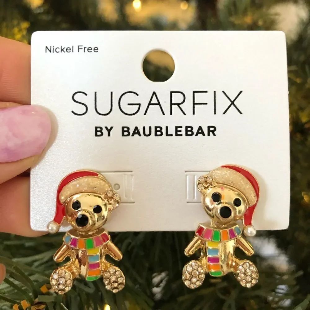 NEW Sugarfix Baublebar  Holiday Christmas Teddy Bear Scarf Santa Hat Earrings
